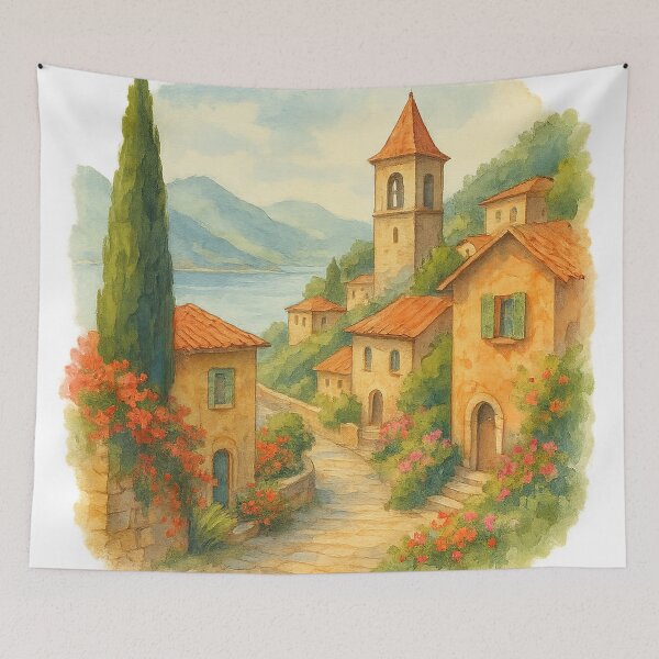 Item preview, Mediterranean Village Watercolor Landscape designed and sold by chromatalove.