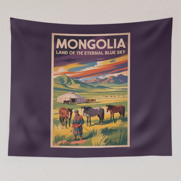 Item preview, Mongolia Horses Yurt Illustration Travel Art Vintage designed and sold by KrisSidDesigns.