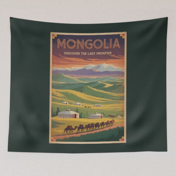 Item preview, Mongolia Camels Yurt Illustration Travel Art Vintage designed and sold by KrisSidDesigns.