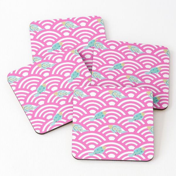 Item preview, turquoise fishes jumping in a sea of pink and white seigaiha waves designed and sold by Home Cyn Home.