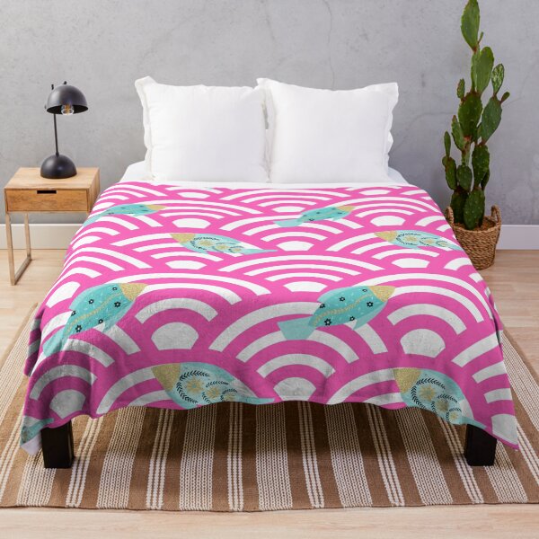 Item preview, turquoise fishes jumping in a sea of pink and white seigaiha waves designed and sold by Home Cyn Home.