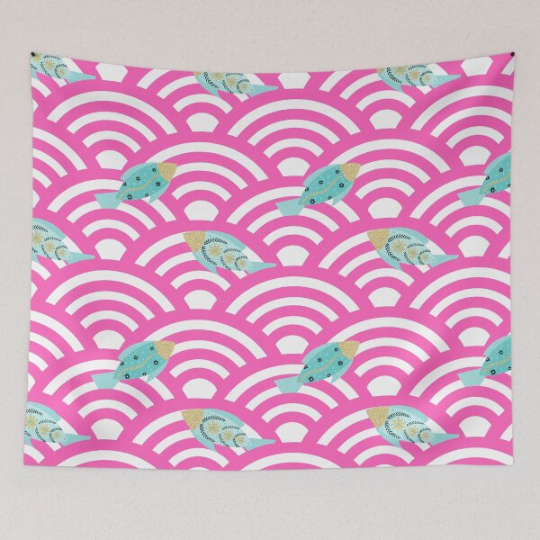 Item preview, turquoise fishes jumping in a sea of pink and white seigaiha waves designed and sold by Home Cyn Home.