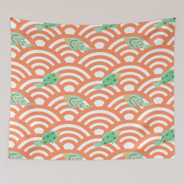 Item preview, Green fishes in orange seigaiha waves designed and sold by Home Cyn Home.