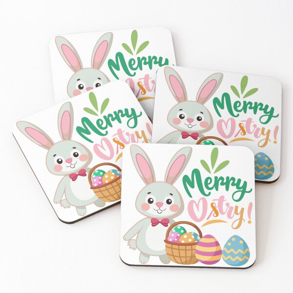 Item preview, Cute Easter bunny with bow tie standing next to a basket of colorful decorated eggs. designed and sold by Jirada.