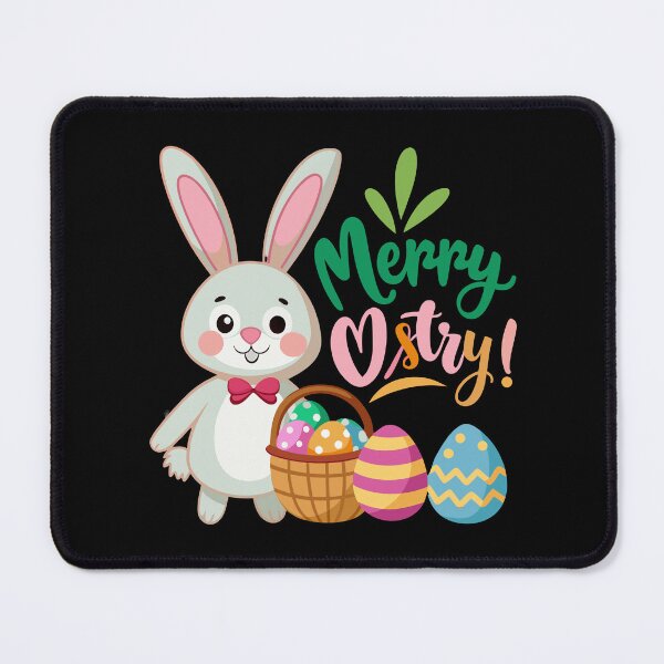 Item preview, Cute Easter bunny with bow tie standing next to a basket of colorful decorated eggs. designed and sold by Jirada.