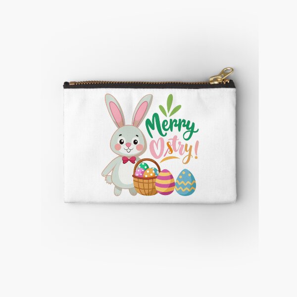 Item preview, Cute Easter bunny with bow tie standing next to a basket of colorful decorated eggs. designed and sold by Jirada.