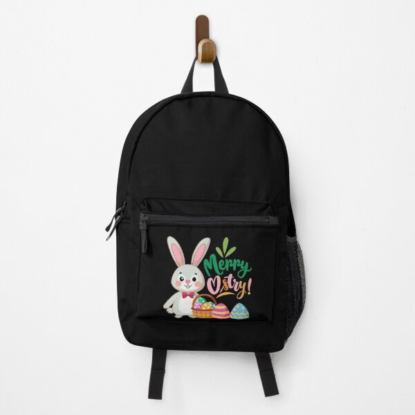 Item preview, Cute Easter bunny with bow tie standing next to a basket of colorful decorated eggs. designed and sold by Jirada.