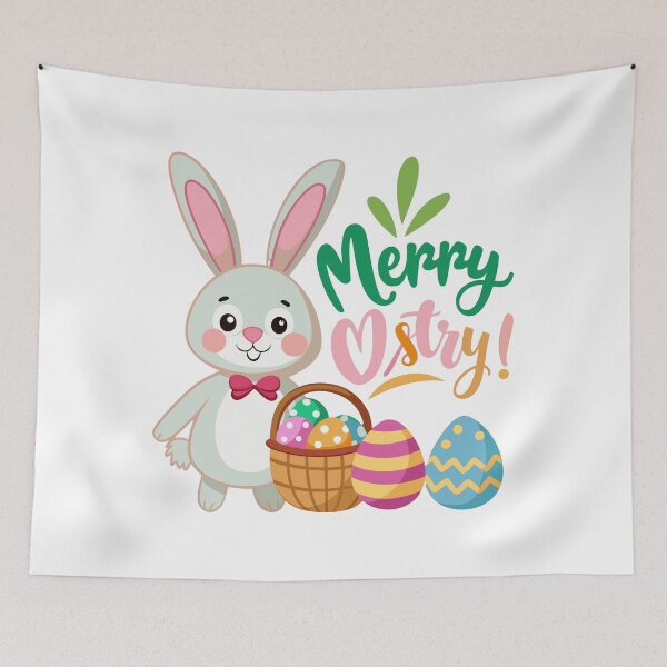Item preview, Cute Easter bunny with bow tie standing next to a basket of colorful decorated eggs. designed and sold by Jirada.