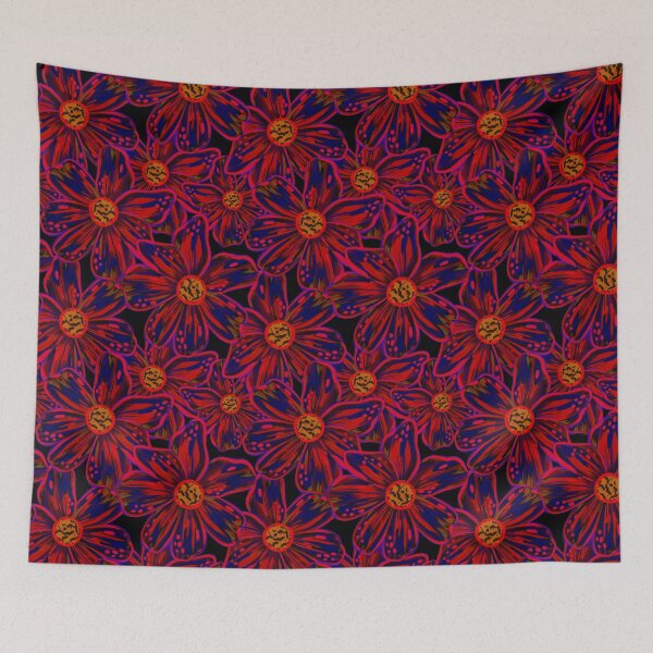 Item preview, Maximalist Bold Expressive Florals Red Blue Yellow on Black  designed and sold by thecolorbirdie.