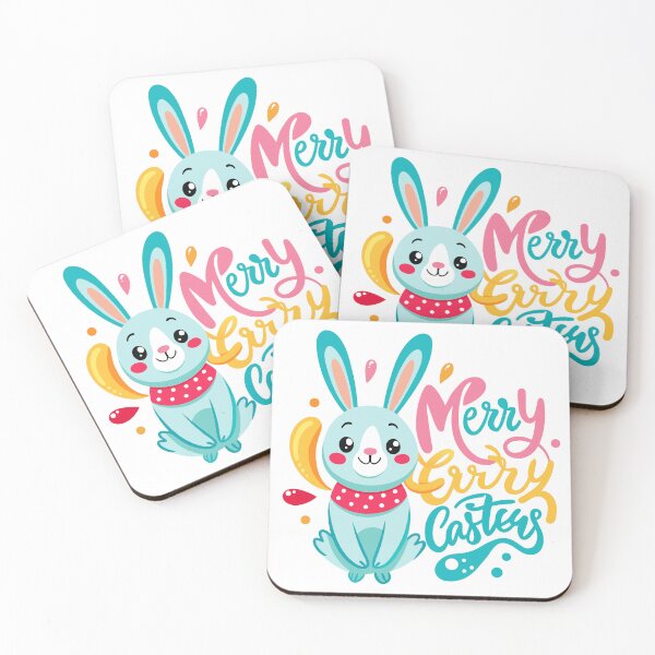 Item preview, Cute blue Easter bunny character with red polka dot scarf and creative "Merry Easter" lettering. designed and sold by Jirada.