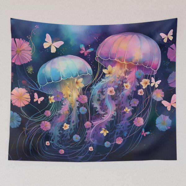 Item preview, Floral watercolor jellyfish Botanical fantasy butterflies pastel colors painting  designed and sold by navitalidesign.