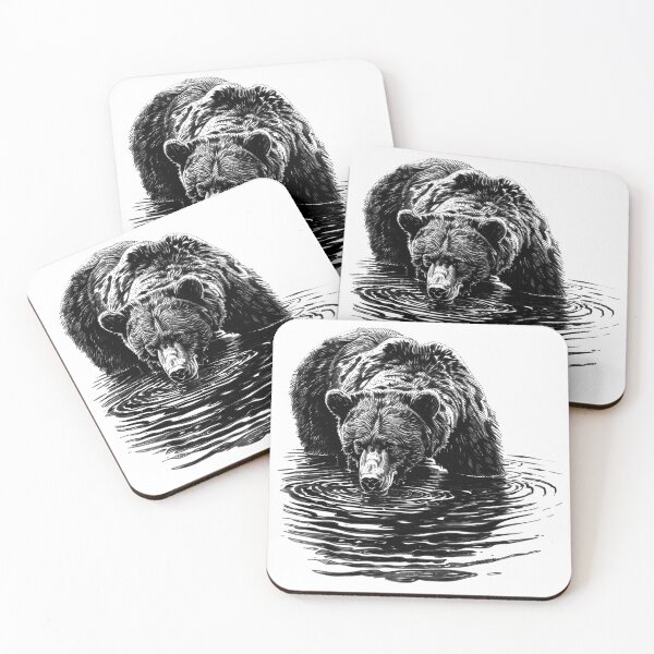 Item preview, Grizzly Bear Drinking – Black and White Wilderness Ink Illustration designed and sold by inkoutninja.