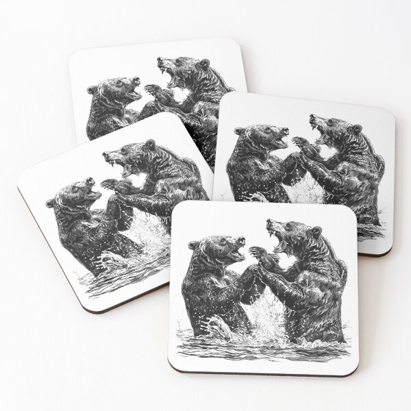 Item preview, Fighting Grizzly Bears – Black and White Wilderness Ink Illustration designed and sold by inkoutninja.