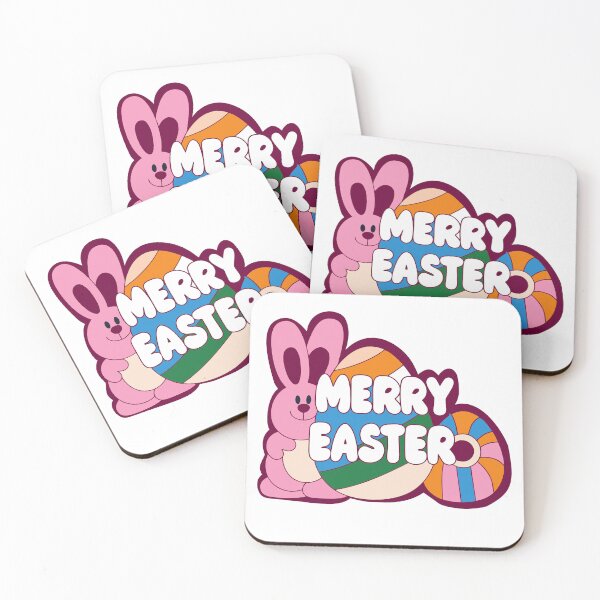 Item preview, Vibrant Pink Easter Bunny with Colorful Striped Eggs and Bubble Text designed and sold by Jirada.