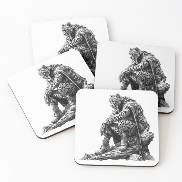 Item preview, Cheetah Warrior Resting – Black and White Fantasy Animal Illustration designed and sold by inkoutninja.