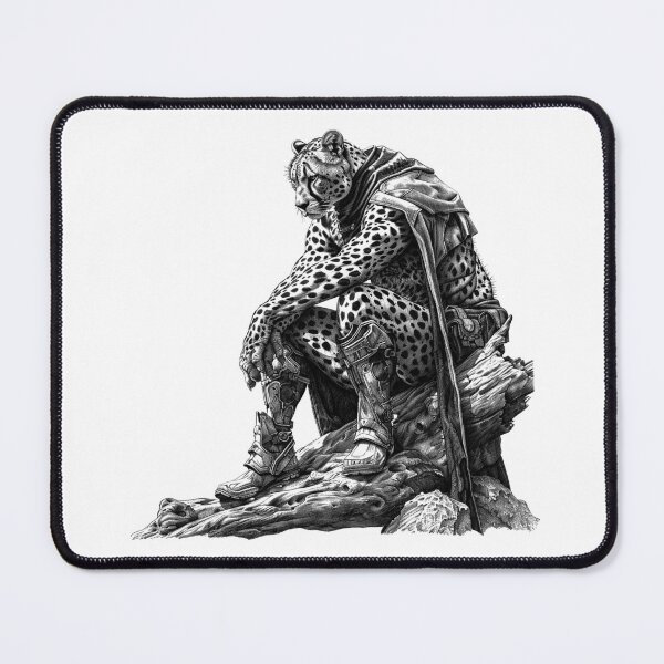 Item preview, Cheetah Warrior Resting – Black and White Fantasy Animal Illustration designed and sold by inkoutninja.