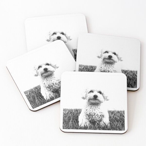 Item preview, Curly-Haired Dog in Grass – Black and White Pet Portrait Illustration designed and sold by inkoutninja.