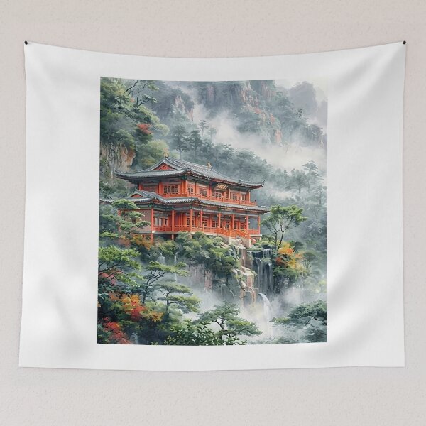 Item preview, Asian Temple in Misty Mountain Landscape designed and sold by 7She.