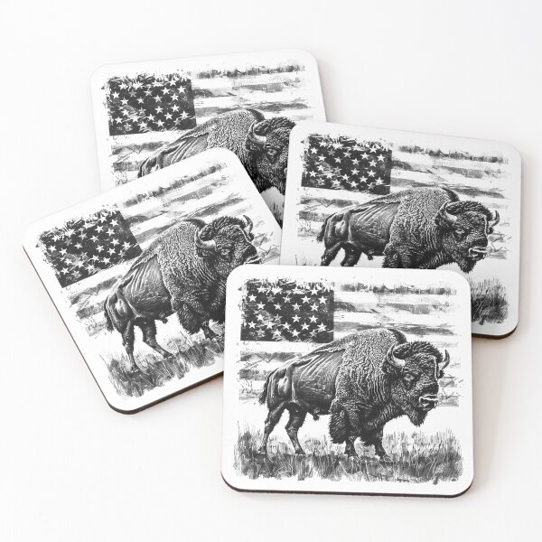 Item preview, American Bison with Flag – Black and White Patriotic Wildlife Illustration designed and sold by inkoutninja.