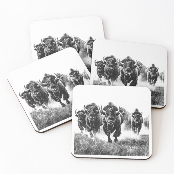 Item preview, Charging Bison Stampede – Black and White Wild Frontier Illustration designed and sold by inkoutninja.