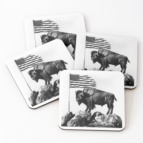 Item preview, Bison and American Flag on Rocks – Black and White Patriotic Wildlife Art designed and sold by inkoutninja.