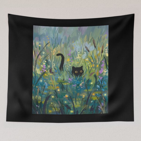 Item preview, Black Cat in a Meadow Painting designed and sold by Bensoncreatives.