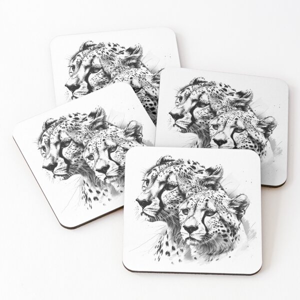 Item preview, Cheetah Pair Portrait – Black and White Wildlife Ink Illustration designed and sold by inkoutninja.
