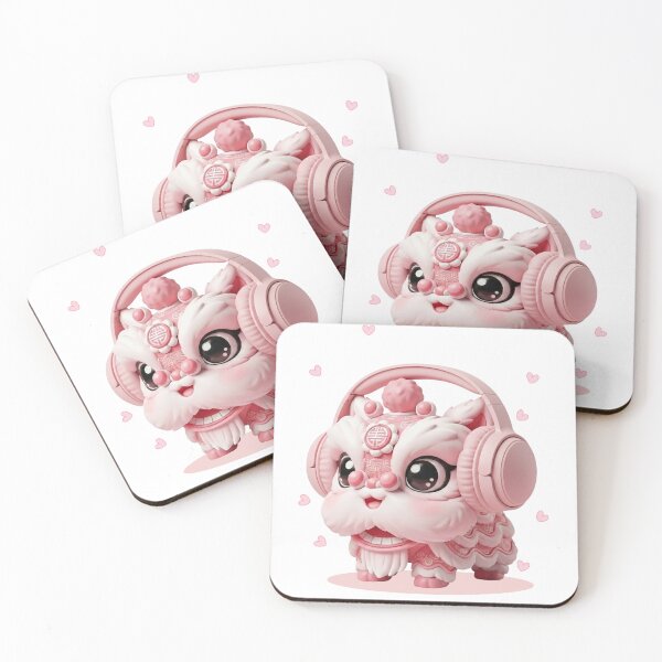 Item preview, Cute Pink Lion Dance with Headphones – Chinese New Year Chibi Art designed and sold by Beeform.