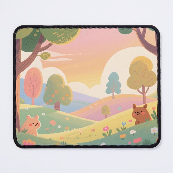 Item preview, Whimsical Pastel Forest Scene With Cute Bears Flowers Rolling Hills Storybook Illustration For Children Nature designed and sold by Mimoshi ⭐⭐⭐⭐⭐.