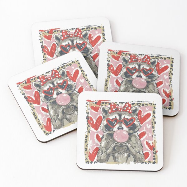 Item preview, Cute Raccoon Wearing Red Heart Sunglasses Blowing Pink Bubble Gum Art designed and sold by StanaLuis.