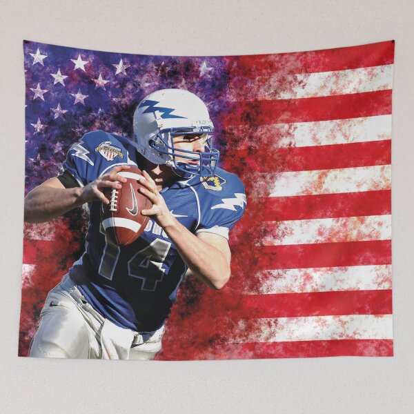 Item preview, American football quarterback in front of the USA flag – Sports Art designed and sold by Mauswohn.