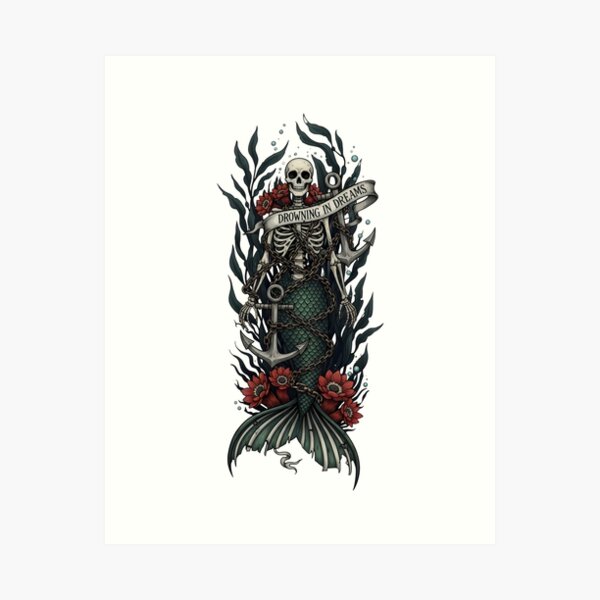 Item preview, Skeleton Mermaid Art – Drowning in Dreams, Gothic Ocean Dark Fantasy Tattoo Design designed and sold by Luminari Creations.