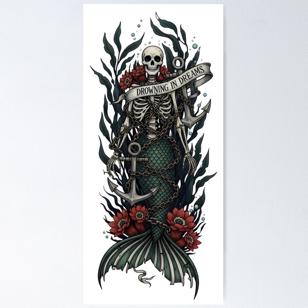 Item preview, Skeleton Mermaid Art – Drowning in Dreams, Gothic Ocean Dark Fantasy Tattoo Design designed and sold by Luminari Creations.