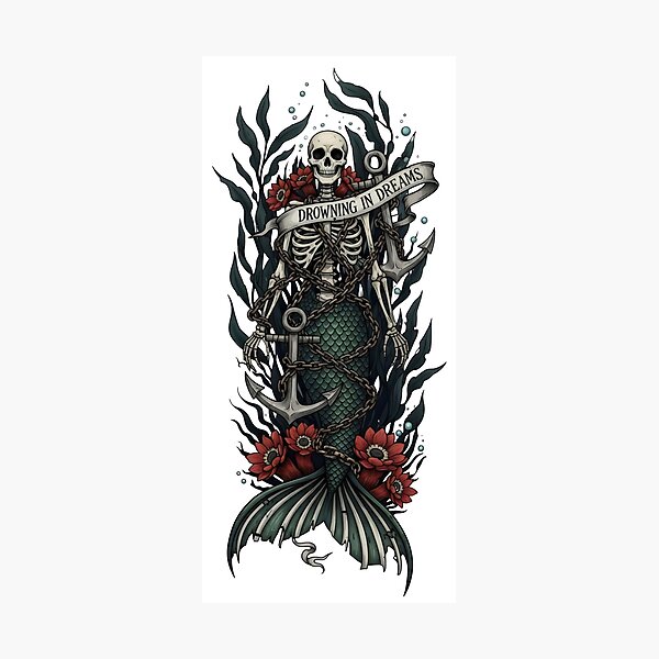 Item preview, Skeleton Mermaid Art – Drowning in Dreams, Gothic Ocean Dark Fantasy Tattoo Design designed and sold by Luminari Creations.