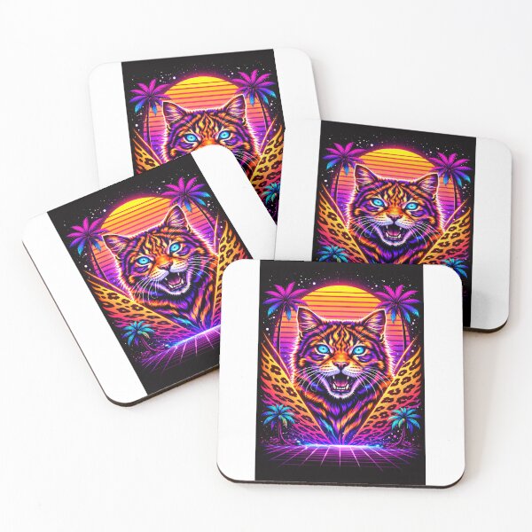 Item preview, Neon Synthwave Cat – Retro Vaporwave Tiger Cat with Palm Trees and Sunset designed and sold by Fleetwood1994.