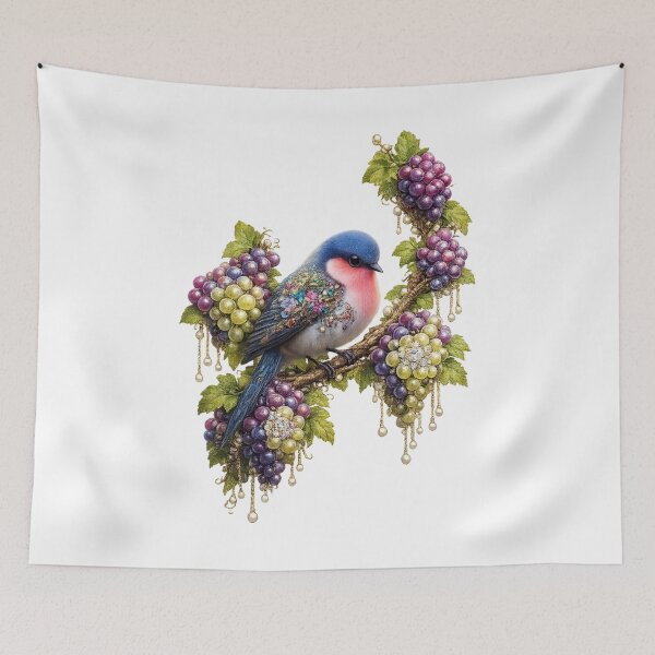 Item preview, Ornate Blue Bird with Grapes – Botanical Fantasy Nature Art designed and sold by @majovegana.