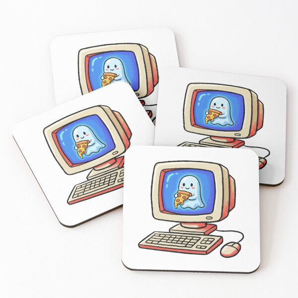 Item preview, Retro Desktop Computer with Cute Ghost Eating Pizza Illustration designed and sold by DiNata.