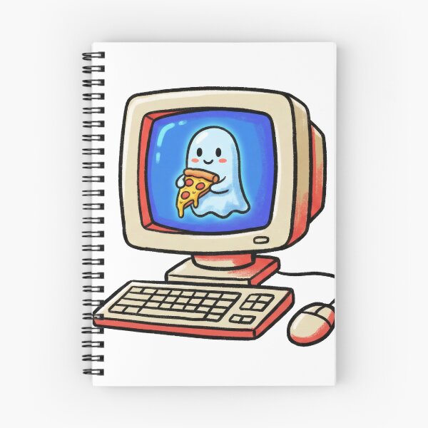 Item preview, Retro Desktop Computer with Cute Ghost Eating Pizza Illustration designed and sold by DiNata.
