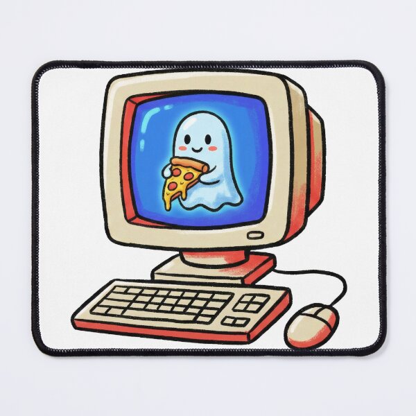 Item preview, Retro Desktop Computer with Cute Ghost Eating Pizza Illustration designed and sold by DiNata.