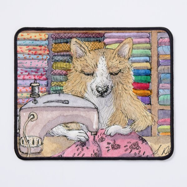 Item preview, Pembroke Welsh corgi dog who is good with her paws is concentrating on sewing a quilt designed and sold by SusanAlisonArt.