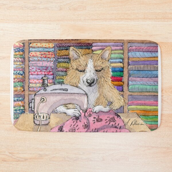 Item preview, Pembroke Welsh corgi dog who is good with her paws is concentrating on sewing a quilt designed and sold by SusanAlisonArt.