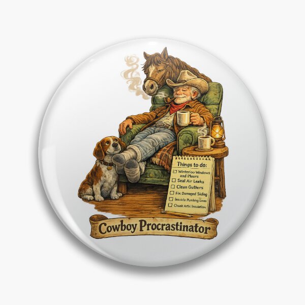 Item preview, Cowboy Procrastinator Winter Prep Cartoon, Funny Cabin Wall Art with Horse and Dog designed and sold by TerScott.