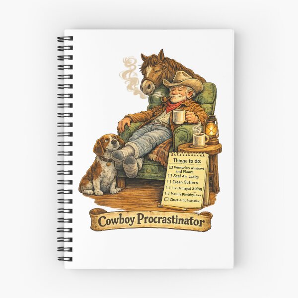 Item preview, Cowboy Procrastinator Winter Prep Cartoon, Funny Cabin Wall Art with Horse and Dog designed and sold by TerScott.