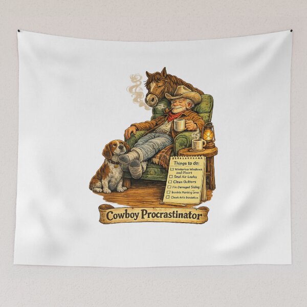Item preview, Cowboy Procrastinator Winter Prep Cartoon, Funny Cabin Wall Art with Horse and Dog designed and sold by TerScott.