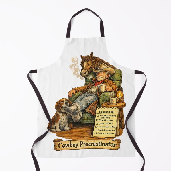 Item preview, Cowboy Procrastinator Winter Prep Cartoon, Funny Cabin Wall Art with Horse and Dog designed and sold by TerScott.