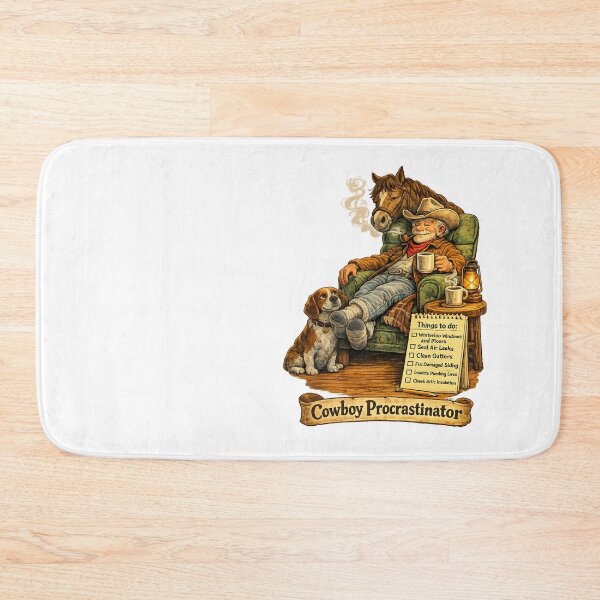 Item preview, Cowboy Procrastinator Winter Prep Cartoon, Funny Cabin Wall Art with Horse and Dog designed and sold by TerScott.