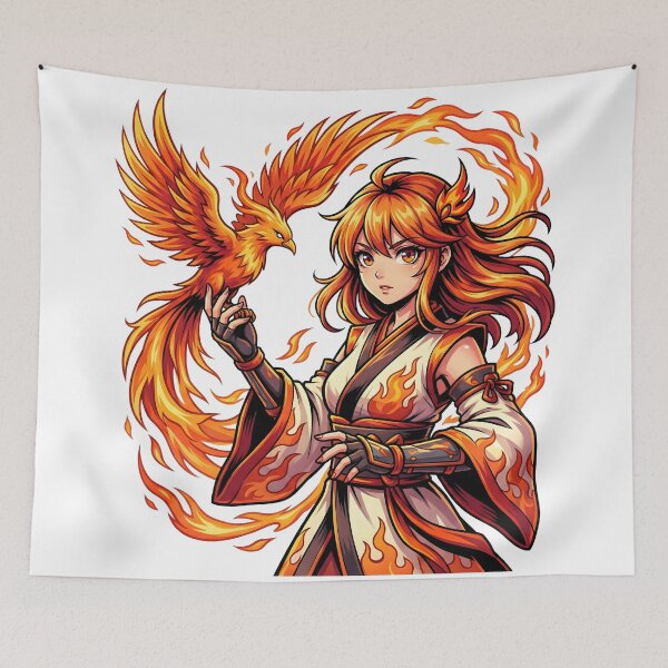 Item preview, Fiery Anime Girl with Majestic Phoenix and Swirling Flames designed and sold by Clay Artista.