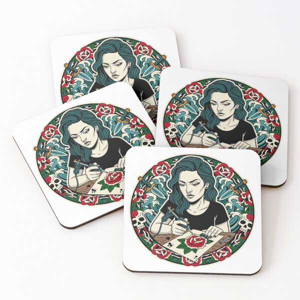 Item preview, Focused Tattoo Artist Woman – Traditional Rose Tattoo Illustration designed and sold by C3J7.