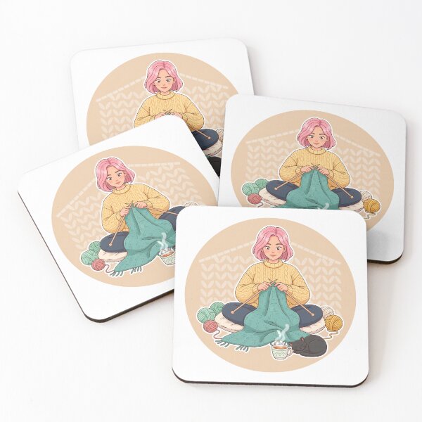 Item preview, Cozy Knitting Girl with Yarn, Cat, and Tea – Relaxing Craft Illustration designed and sold by C3J7.