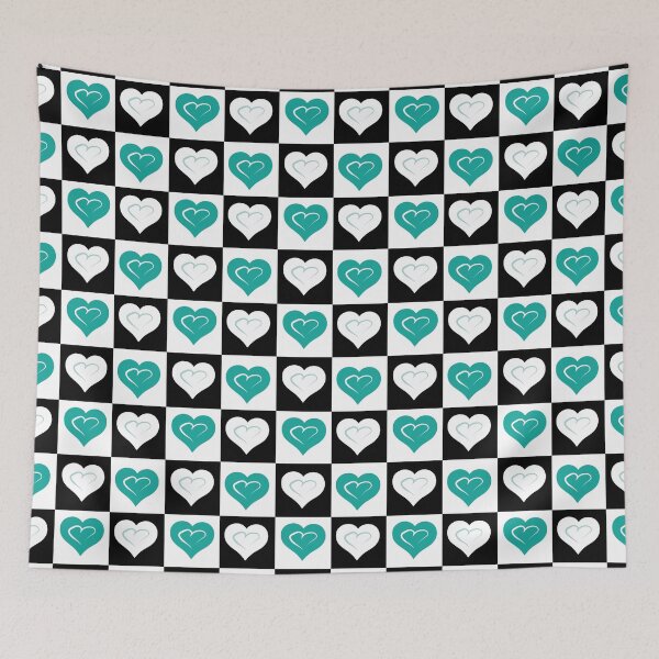 Item preview, Teal & White Hearts on Black Checkered Background designed and sold by Digitalmyth's Designs.